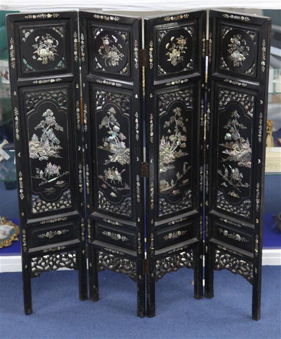 A Chinese mother of pearl inlaid ebonised wood four fold screen, late 19th / early 20th century, 100.5cm.